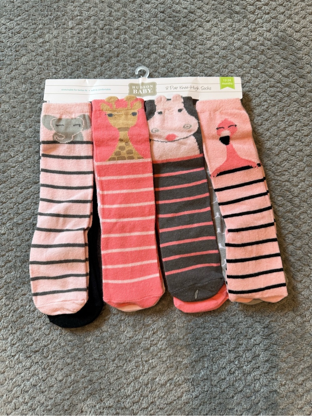 NWT Hudson 12-24 Month Baby Pink and Gray Animal Knee-High Socks - 4 Pack